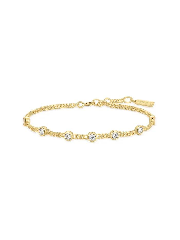 Gold Multi-Station Round Stone Chain 925 Silver Bracelet B066-05G.