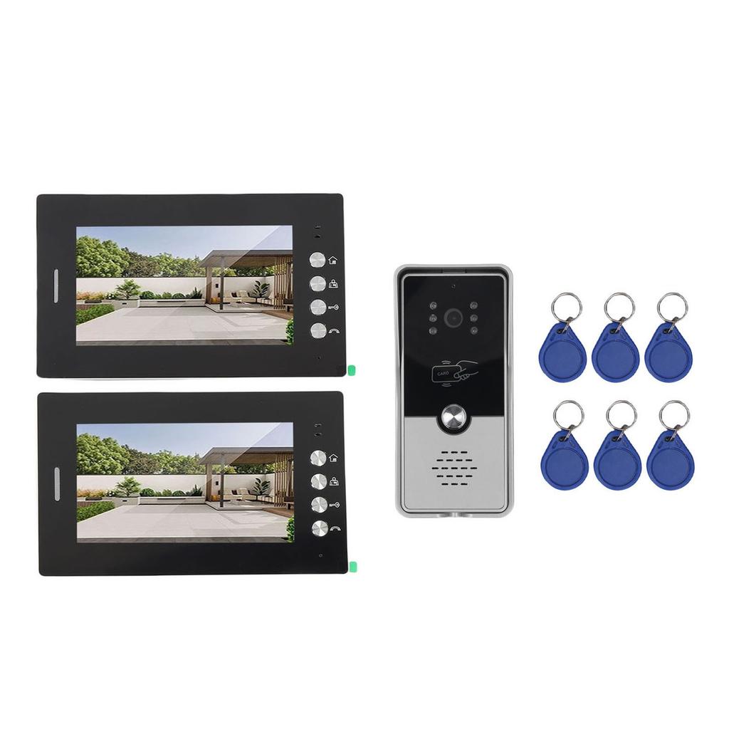 Sistem de Interfon Video pentru Intrare 2 Unități Ecran HD de 7 Inci Kit Video Interfon cu Fir cu 6 Carduri de Acces pentru Vilă