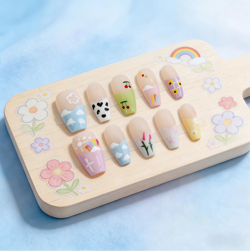 French Pastoral Style: Hand-Painted Wearable Nails with Sweater Plaid, Love Heart, and Cherry Cartoon Designs