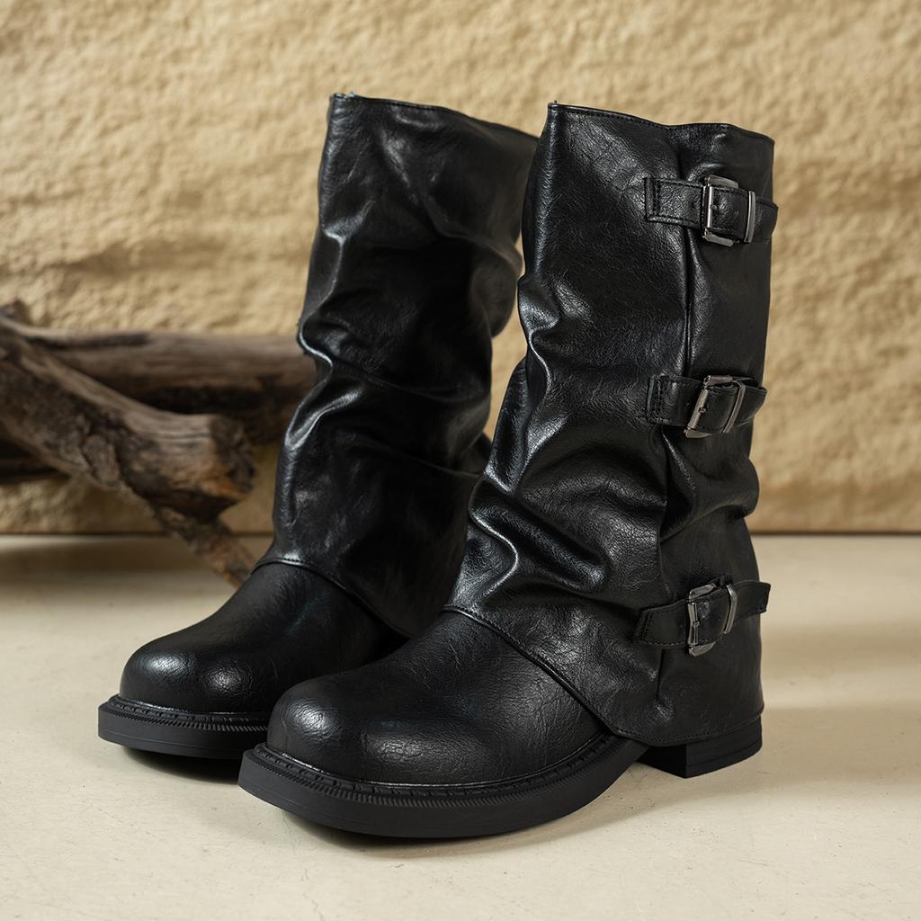 Retro Pu Leather Platform Ankle Boots Women Winter Buckle Belt High Heels Shark Boots Woman Thick Heeled Western Cowboy Shoes