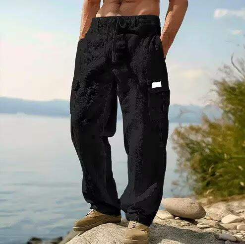 American men's cotton and linen trousers, four-season thin loose multi-pocket tooling casual wide-leg trousers