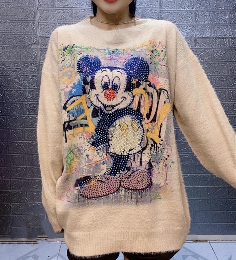 Korean Style Loose Knit Cardigan with Rhinestone and Cartoon Design for Women - 2026 Autumn/Winter