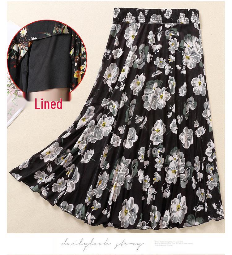 Women's Summer Midi Skirt with Lining - Elegant Swing Ice Silk for Middle-Aged and Elderly