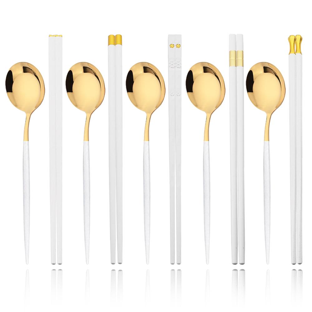 10Pcs Black Gold Stainless Steel Food Chopsticks Spoon Set Long Handle Flat Non-slip Chopsticks Dessert Spoons Dinnerware Set