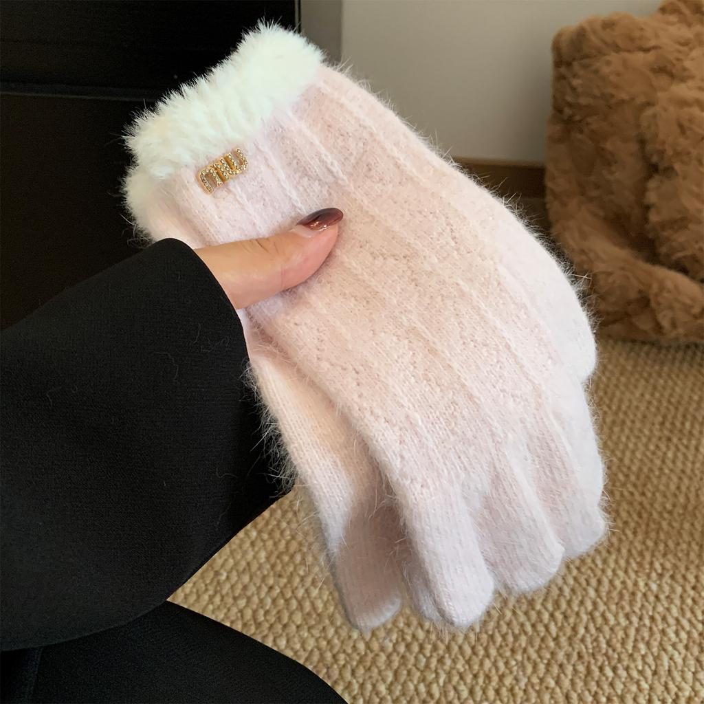 Soft Waxy Rabbit Fur Gray Knitted Wool Five Finger Thickened Warm Gloves for Women's Winter Cycling Cold and Windproof Furry