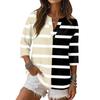 Women Casual V Neck Button Front Three Quarter Sleeve Striped Plaid Print Linen Cotton Blended Top Lightweight Breathable Shirt