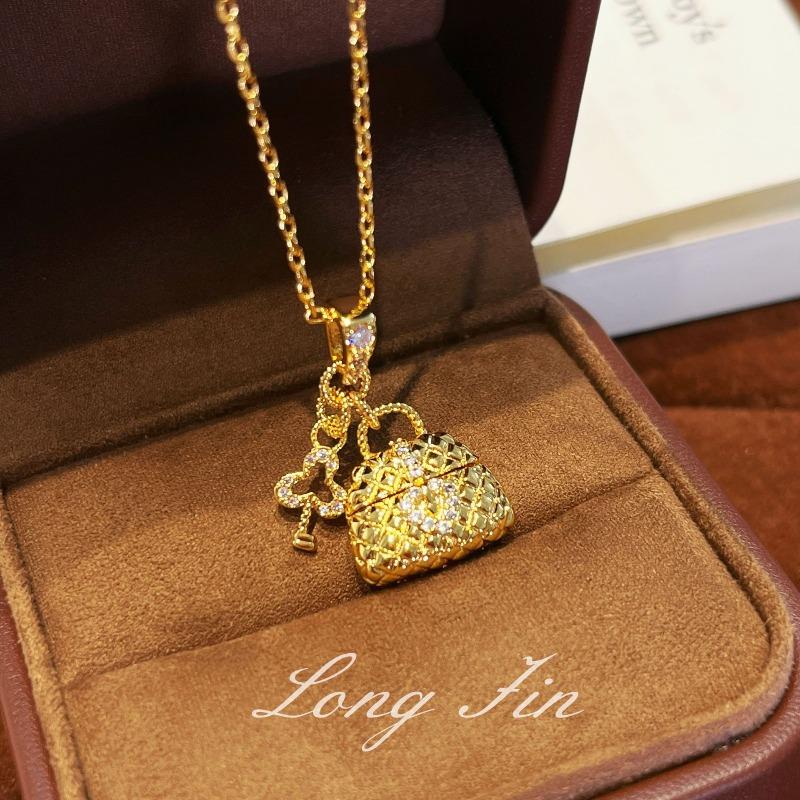 Vintage chic diamond quilted heart bag key pendant necklace - vintage style openable clavicle chain