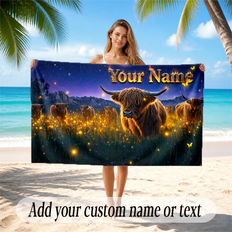Highland Cow Theme Quick Dry Beach Towel Custom Name Text Print Large Sand Resistant Towel Beach Vacation