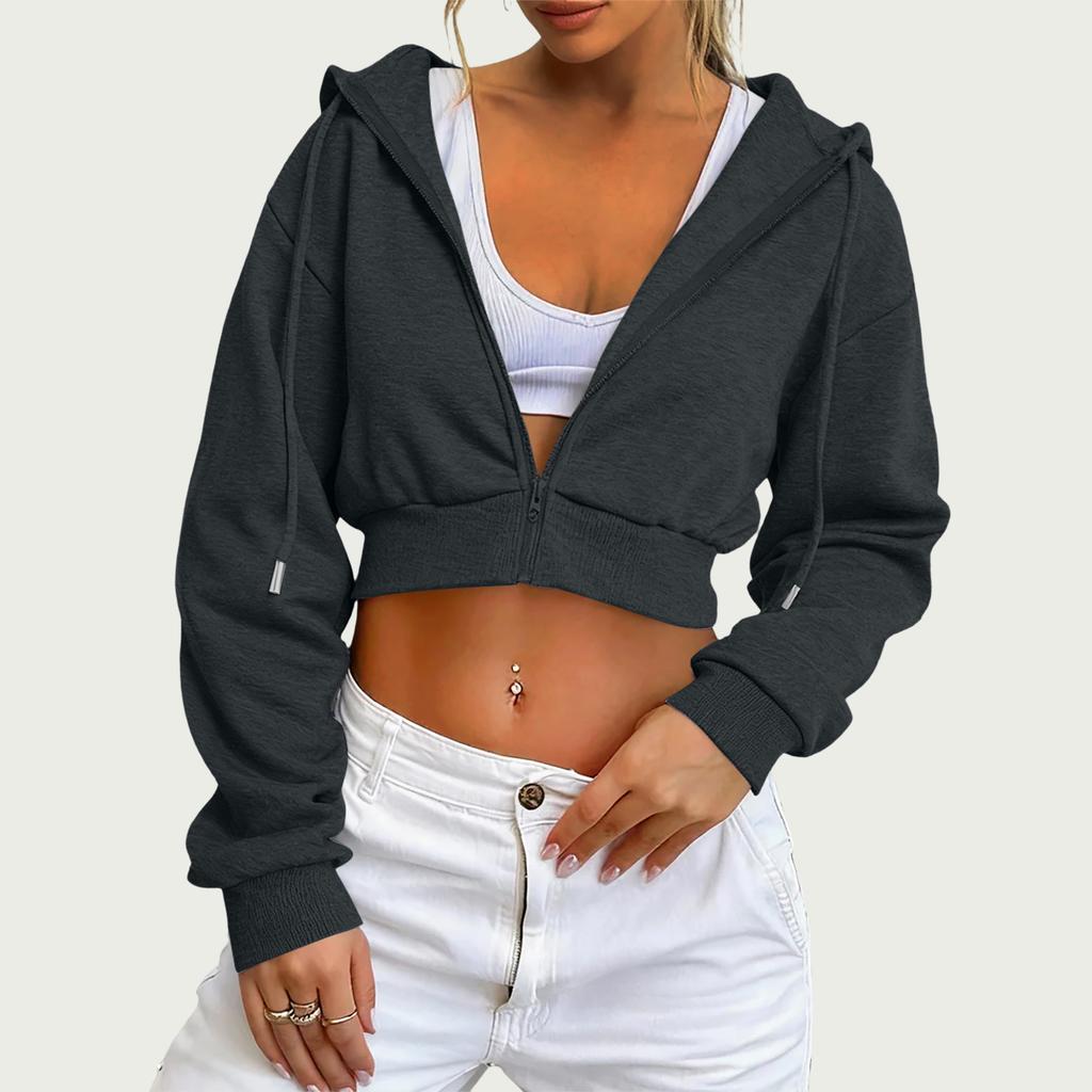 Women's Color Zipper Crop Hooded Jacket
