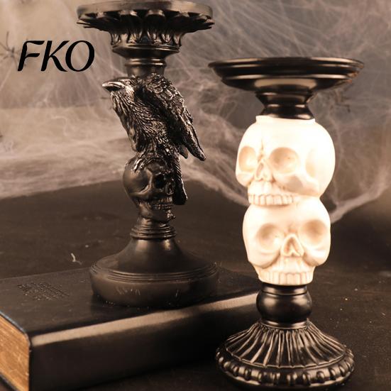 Gothic Candle Holder Halloween Candlestick Decoration, Raven Skull Holder, Three Dimensional Decor Spooky Taper Stand for Tabletop Home Matte Black