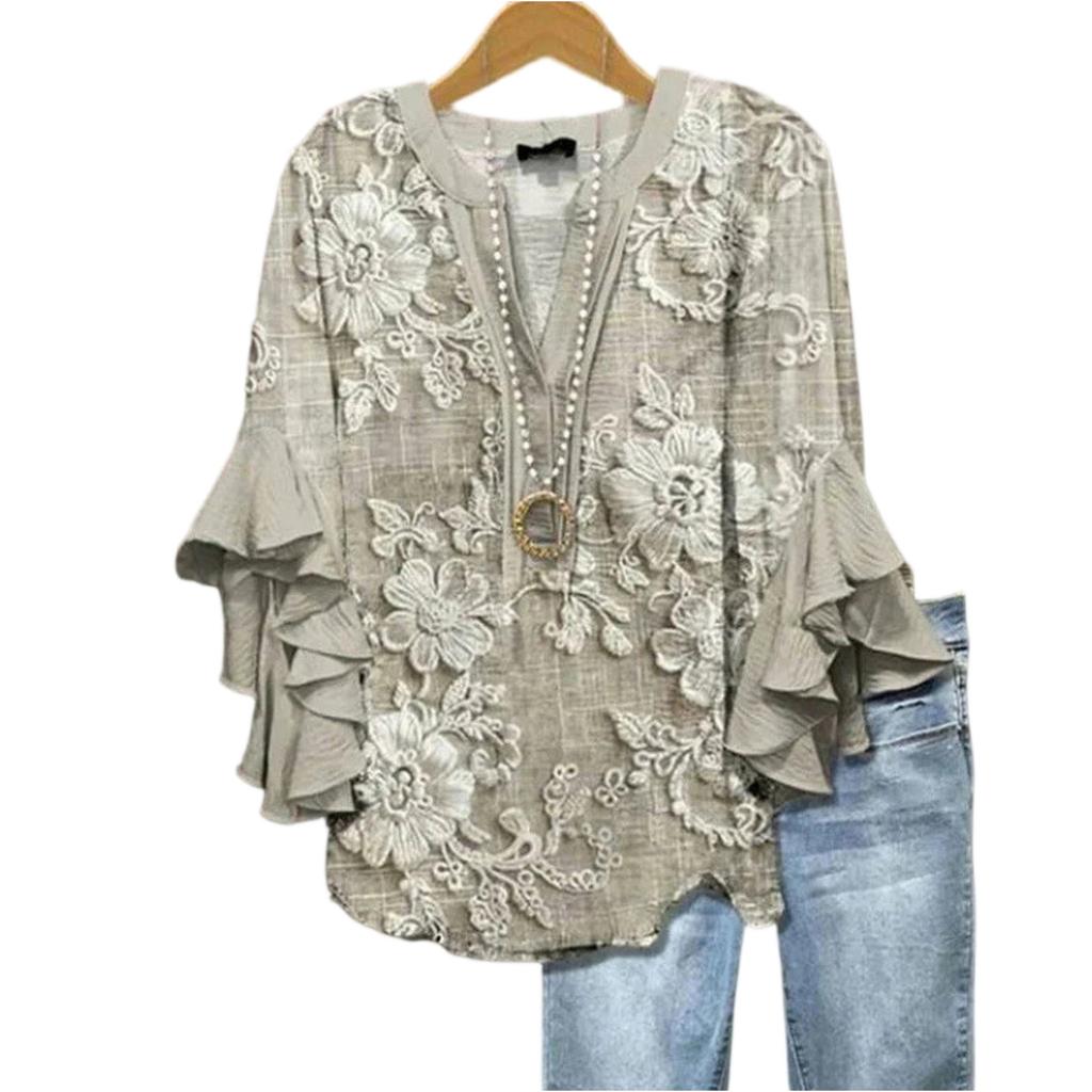 Women Casual Floral Print V Neck Lotus Edge Ruffle Sleeve Blouse Lightweight Loose Fit Top for Everyday Wear