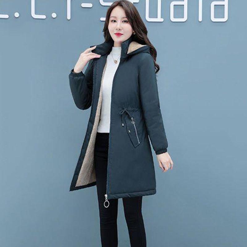 Damen Gepolsterte Jacke Lang Kapuzenparka Übermantel Plus Samt Verdickt Winter Warmer Mantel Weiblich Koreanisch Lässig Baumwollkleidung