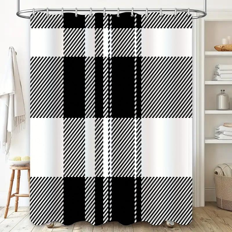 Black and White Plaid Shower Curtain Waterproof Bathroom Decor Modern Style Bath Mat Curtains with Grommets Hooks Set