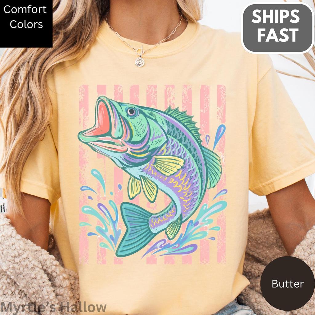 Retro Bass Fish Shirt and kids T-Shirt, Comfort Colors® Pastel Beachy Tee, Preppy Coastal Cowgirl Cotton TShirt and kids T-Shirt
