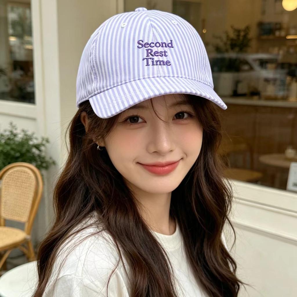 Fresh striped solid color baseball cap for women, spring/summer embroidered letters, face-enhancing small sunshade sun protection baseball cap