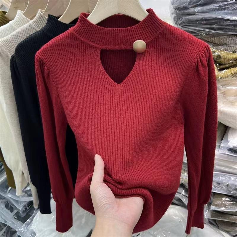 Spring and Autumn Women's Knitted Bottoming Shirt Hollow V-neck Long-sleeved Sweater Sexy Solid Color Bottoming Versatile Knitwear Inner Tops