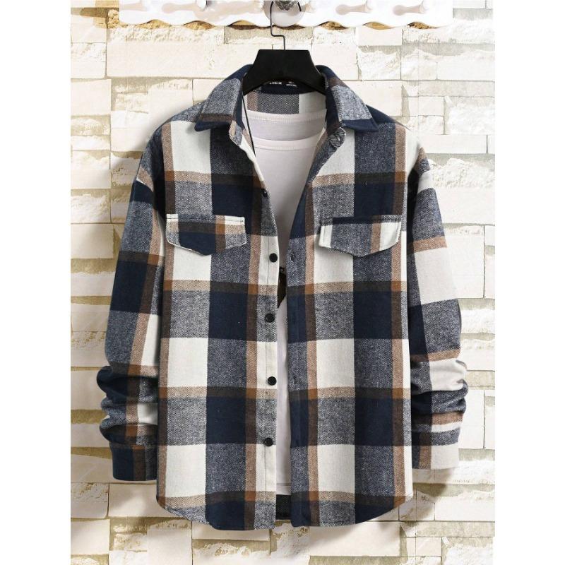 Spring and Autumn New Style Elegant Lapel Checkered Men's Shirt Retro Brushed Casual Long Sleeve Jacket