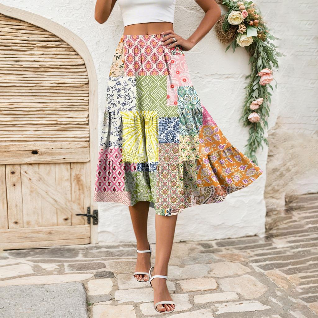 Women's Casual High Waist A-Line Skirt Polka Dot Stripe Printed  Skirt With Pockets