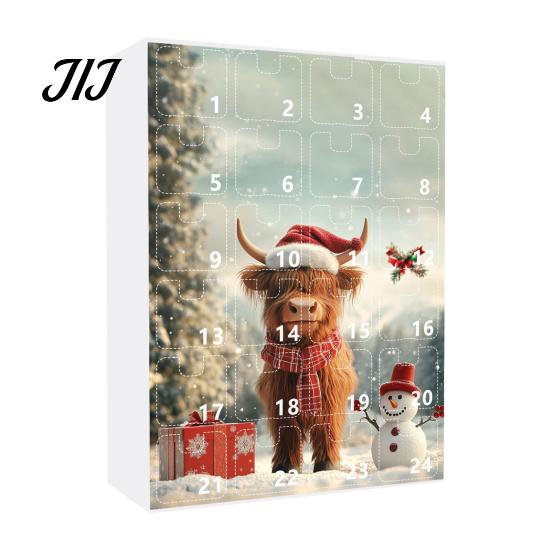 Christmas Tree Pendant Decoration Set Advent Calendar, 24 Day Countdown Box with Highland Cow Creative Souvenir for Family Acrylic Pendants,