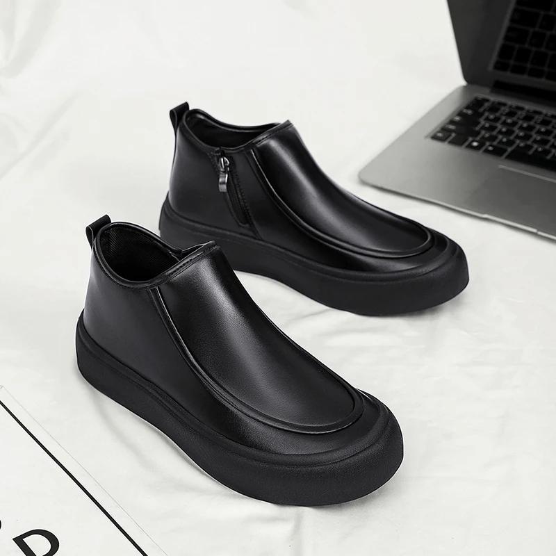 Fashion Leather Men Ankle Boots Slip on High-top Mens Casual Shoes Outdoor Lightweight Comfortable Platform Man Work Boots