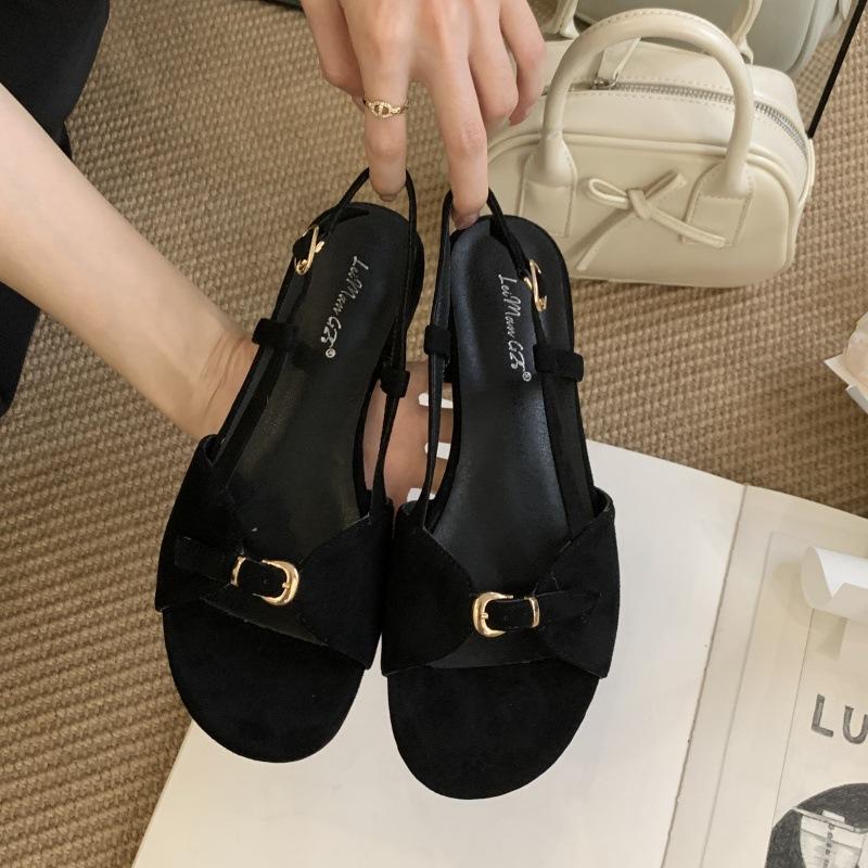 Korean Version of Flat-bottomed Suede Open-toed Sandals for Women 2025 Summer New French Fairy Wind Word with Roman Sandals for Women