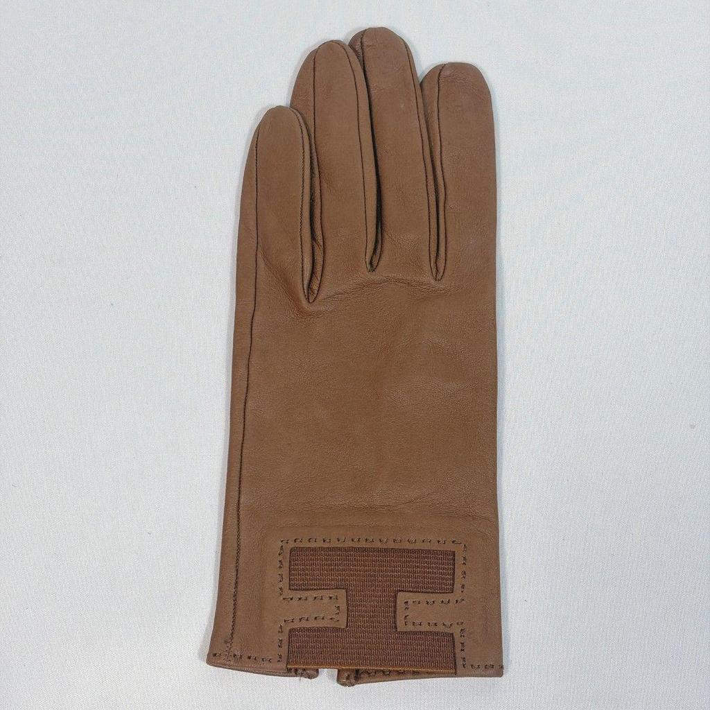 Used Good Condition HERMES Leather Gloves H Logo Lamb Leather 6 12 Ladies Camel Brown