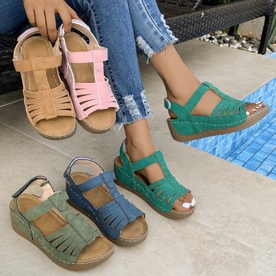 Vintage Schuhe, Rutschfest, Großzügige runde Zehenpartie, Keilabsatz-Sandalen für Damen