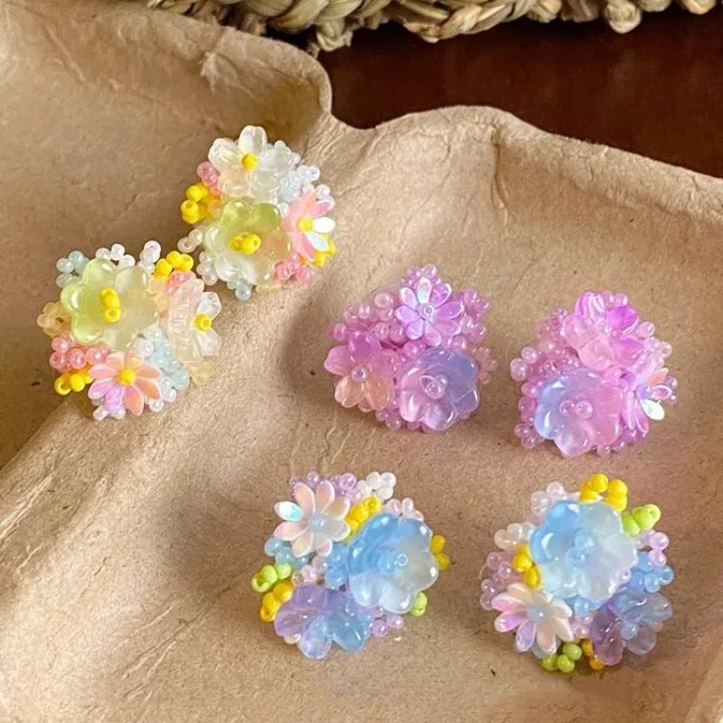Colored Embroidered Ball Flower Stud Earrings For Women Contrasting Resin Flower Earrings Sweet  Ear Jewelry Accessories