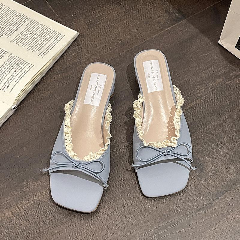 Coarse heel bow shoes women's summer outer wear holiday open-toed slope heel cool slippers