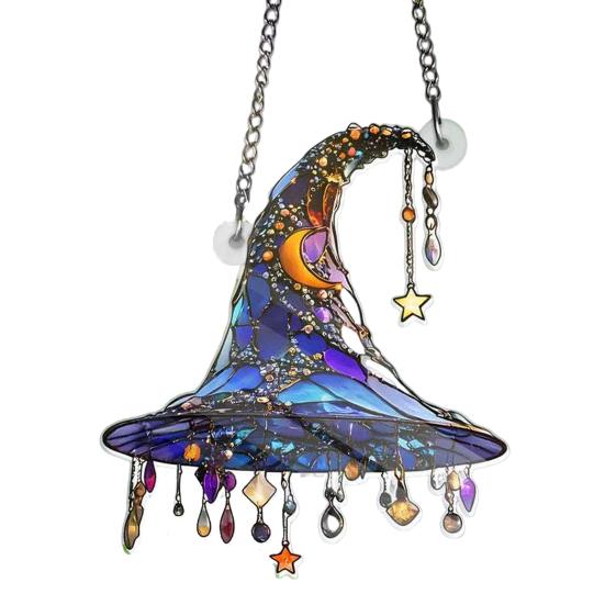 Witch Hat Sun Catcher 2D Acrylic Halloween Decoration Stained Glass Style Witch Hat Hanging Ornament for Window Wall Door