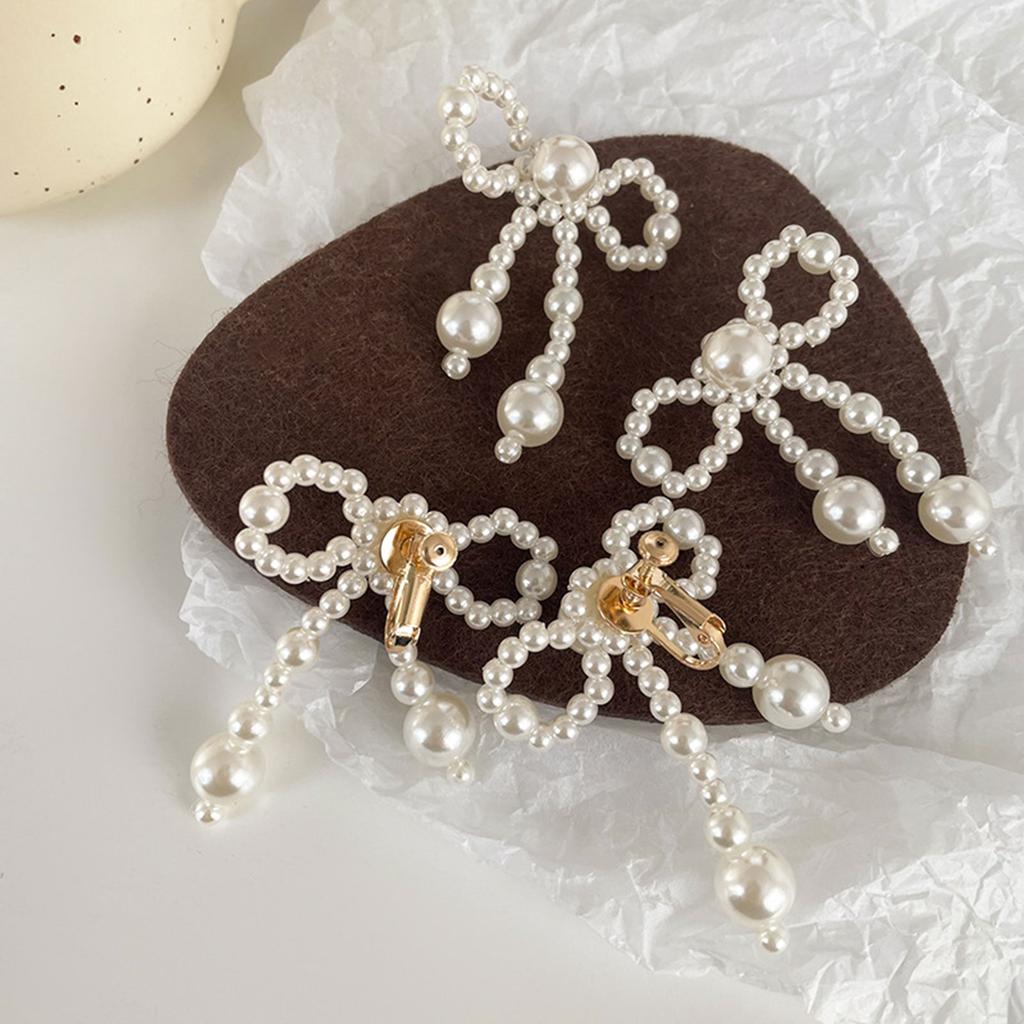 Fashionable Imitation Pearls Ear Clips Exquisite Pearls Beaded Bowknot Dangle Ear Studs for Daily Wear Dates Parties