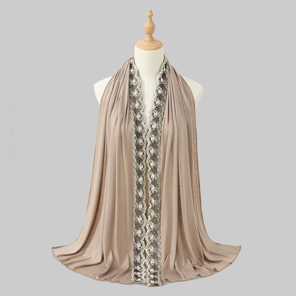 Pearls Embroidery Cotton Jersey Muslim Hijab Long Scarf Women Head Wraps Shawl Turban Eid Soild Headband Malaysia Tudung 170*60C