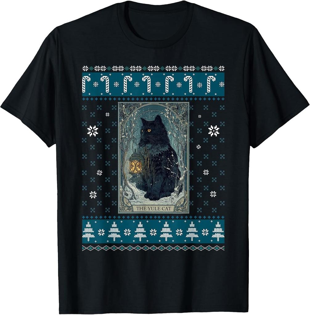 Yule Cat Tarot Card T-Shirt - Gothic Christmas Design Inspired by Icelandic Folk