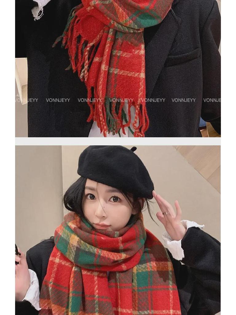 New Year Christmas Red Tassel Plaid Scarf - Women's High-End Warm Winter Korean Shawl