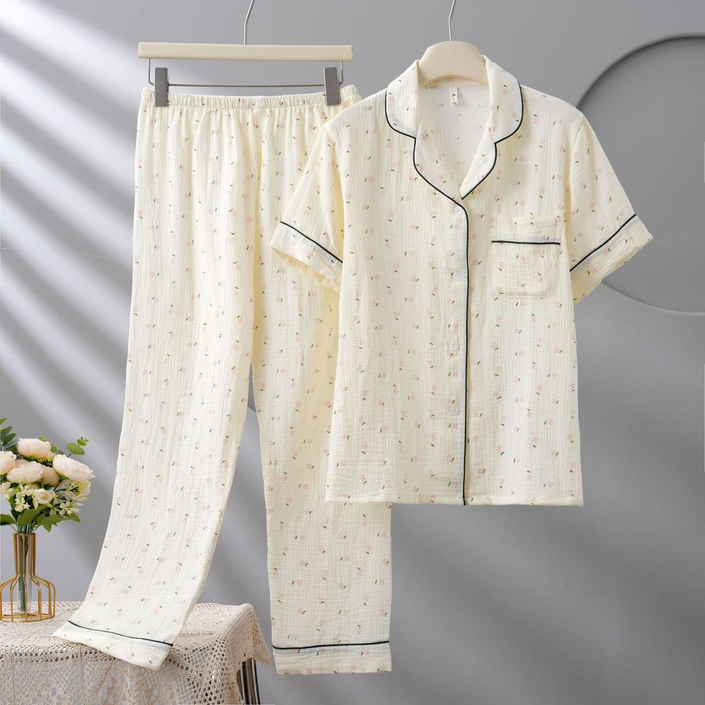Women's pajamas spring and autumn simple and comfortable pure cotton double-layer cotton gauze lapel short-sleeved trousers loungewear two-piece set