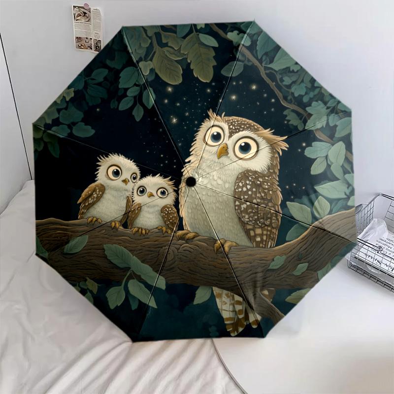 Owl  Pattern, Automatic Folding Umbrella, Portable and Foldable Design, 8 Ribs, a Christmas or Birthday Gift.