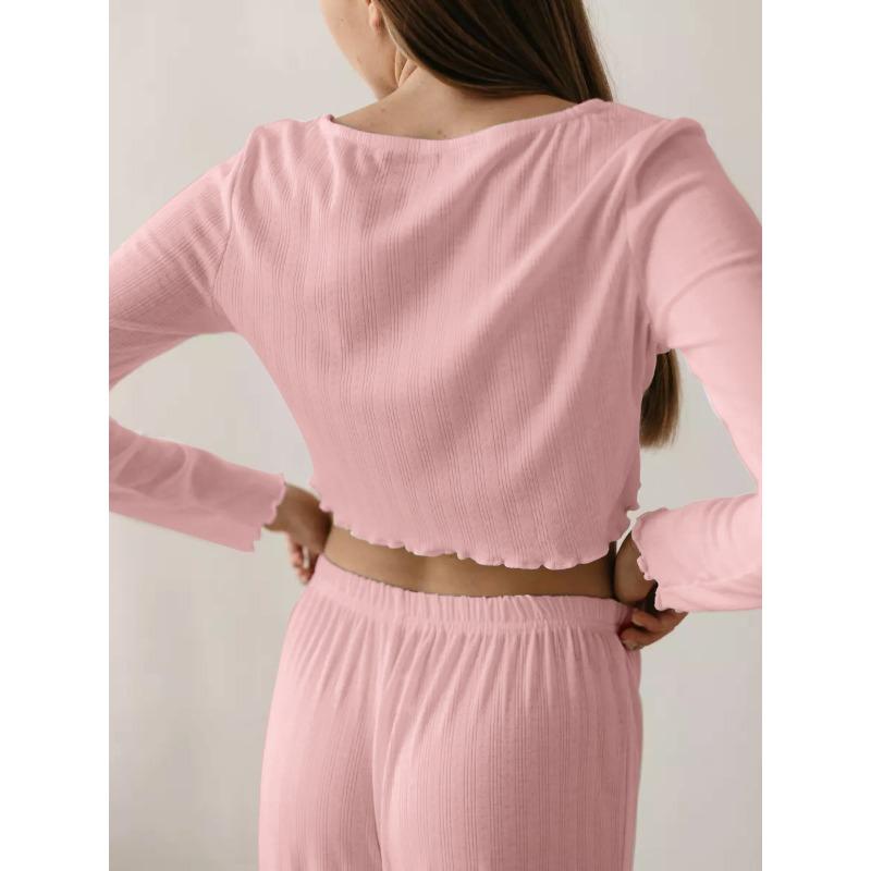 Spring Autumn Women's Solid Color Long Sleeve Button Crop Top Elastic Waist Pants Suit Female Homewear Set