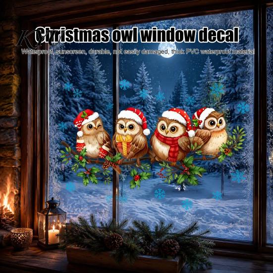 PVC Window Decorations 1/2 Sheets Christmas Cartoon Owl Cling, Standing on Branch Bird Holiday Glass Decals Static Sticker, Removable Waterproof