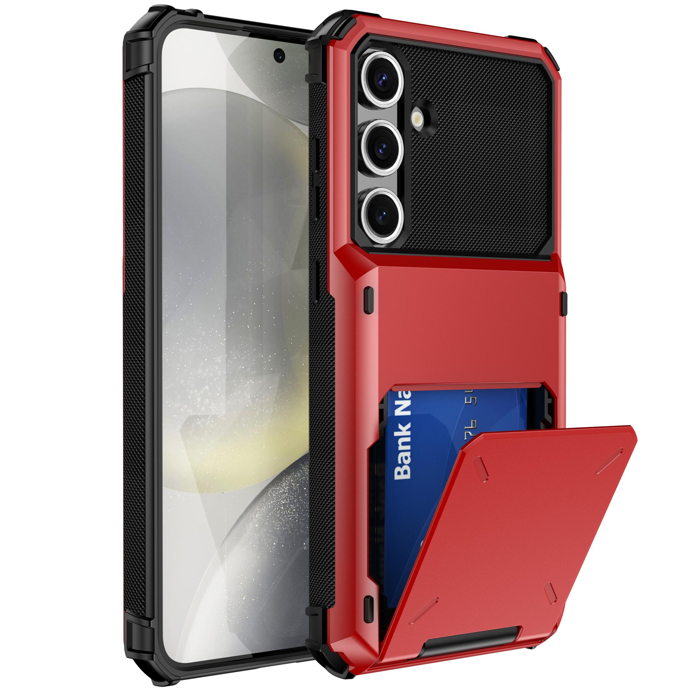 

For Samsung Galaxy S24 FE Case PC+TPU Dual Layer Back Phone Cover with Card Holder Red