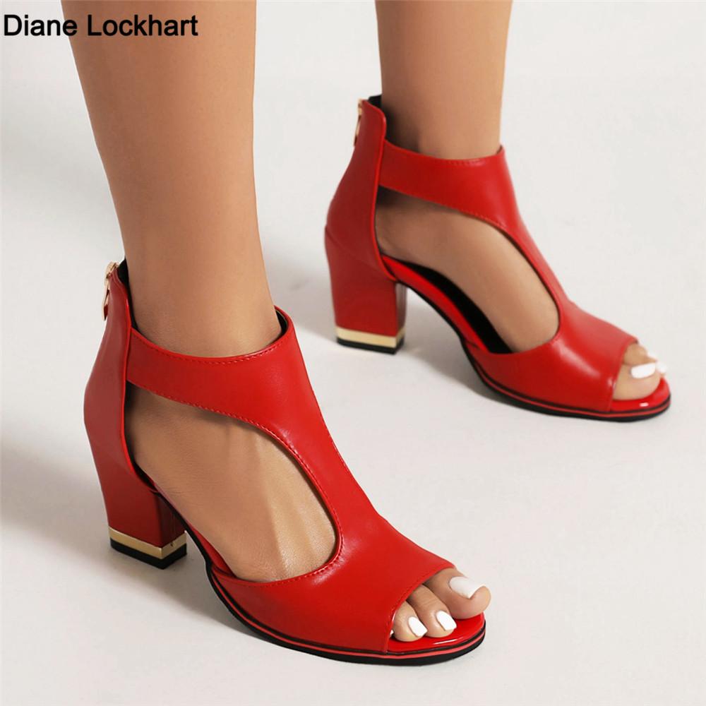 Fashion Women Square High Heels Summer T-Belt Ankle-Wrap Ladies Elegant Sandals Back Zipper Fish Mouth Party Sandalias Female Shoes