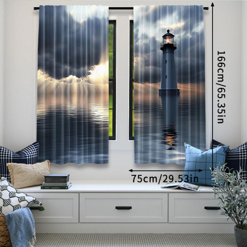 2Pcs Lighthouse Curtains Lighthouse Dark Clouds Reflection On Atlantic Weather Shadow For Bedroom Living Room And Dining Room B