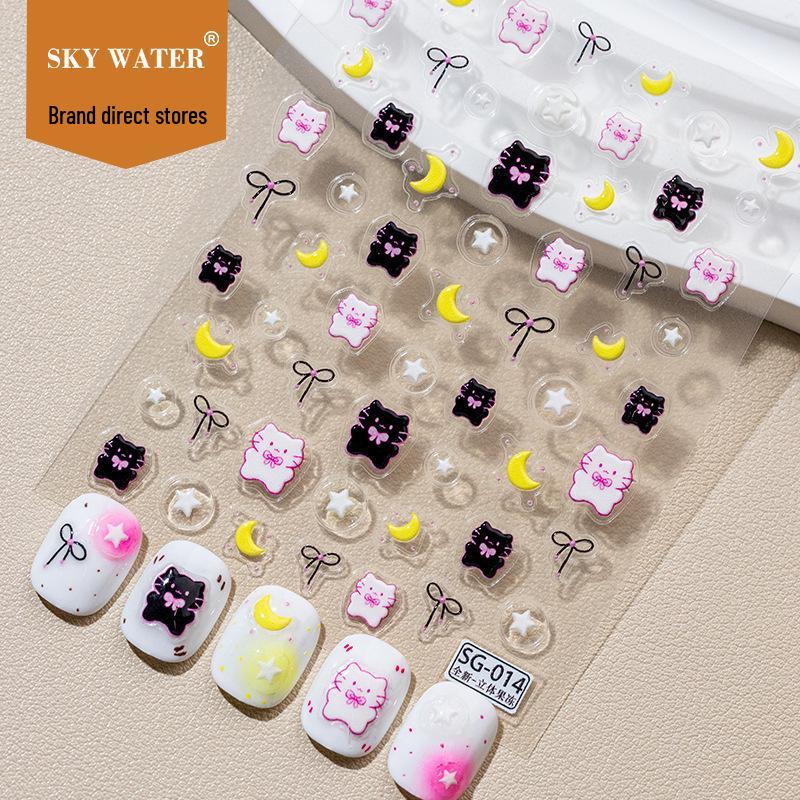 Sky Blackened Cat Nail Stickers: Cute Kitty Bow & Starry Moon Design
