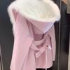 Rosa Kapuzenmantel Damen Herbst Winter Wollmantel Pelzmantel Duftender Wind Hochwertig Leicht Kurz Kragen