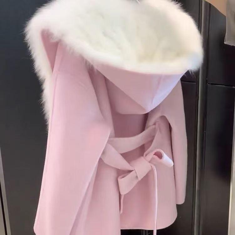 Rosa Kapuzenmantel Damen Herbst Winter Wollmantel Pelzmantel Duftender Wind Hochwertig Leicht Kurz Kragen