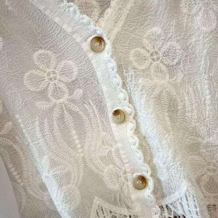 Trendy Winter French Crochet Puff Sleeve Chiffon Lace V-Neck Top for Women