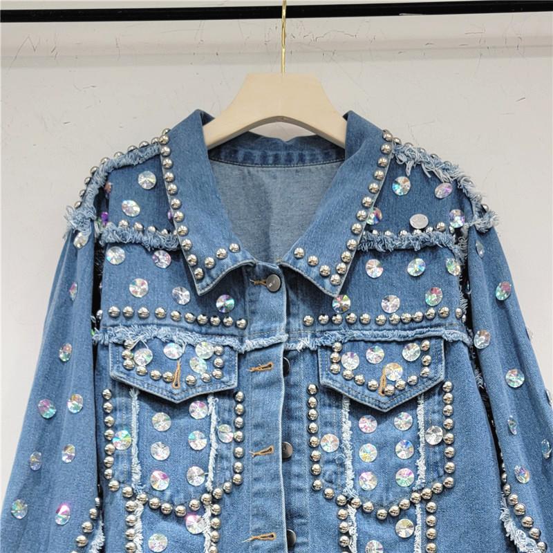 European Station Spring and Autumn New Loose and Skinny BF Heavy Industry Rivet Diamond-encrusted Denim Jacket Jacket Female Trend Brand