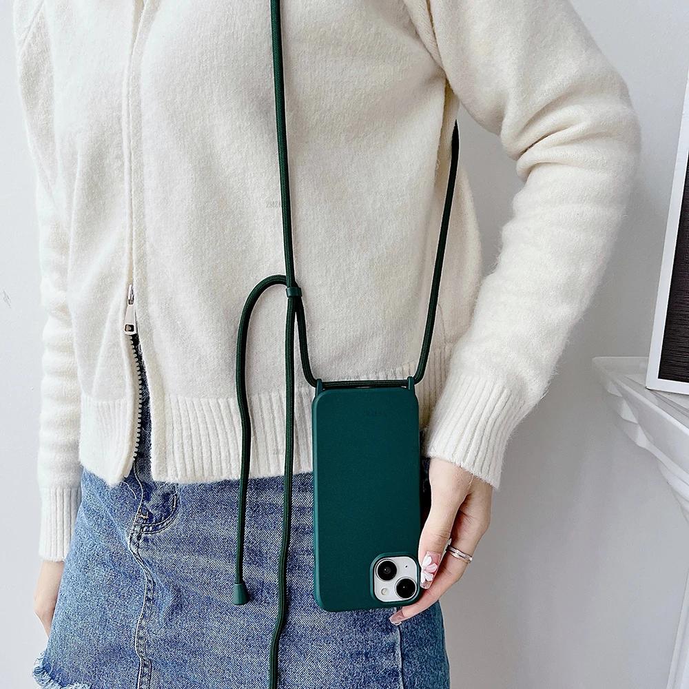 Crossbody Lanyard Cord Liquid Silicone Case For iPhone 16 Plus 11 12 Mini 17 15 14 13 Pro Max 17 Air Necklace Strap Soft Cover