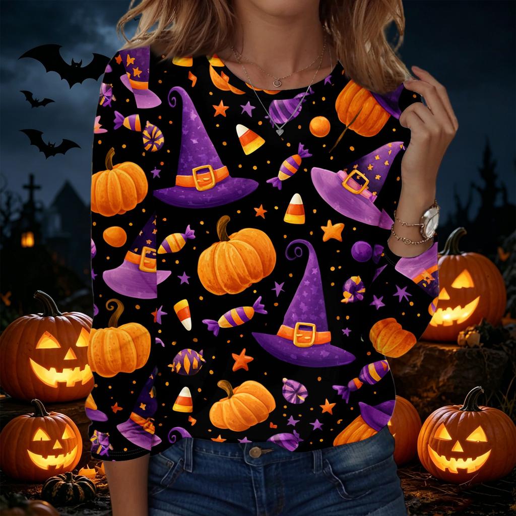 Women's Halloween Print Pullover Sweatshirt Long Sleeve Crewneck Top Casual Loose Fit Lightweight Pullover