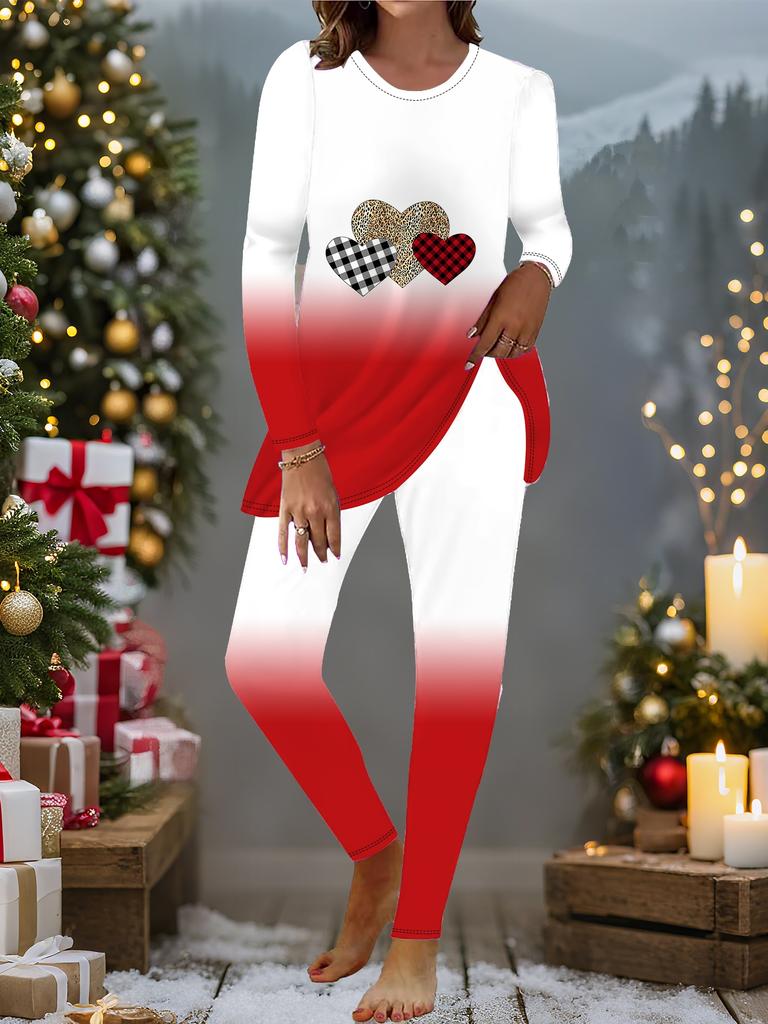 Euroamerikanische Mode 3D Liebesdruck Damen Vier-Jahreszeiten Langarm T-Shirt + Lange Hose Zweiteiliges Set. Perfektes Geschenk für Neujahr & Weihnachten