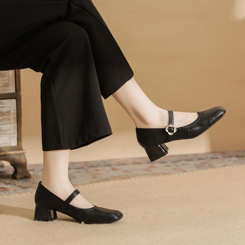 57707 [Discontinued] High heels women's thick heels 2025 new square head temperament one-word folds Mary Jane single shoes